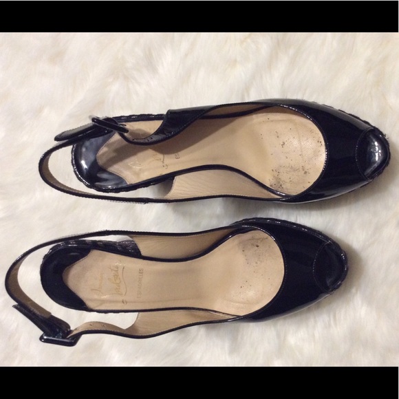 CHRISTIAN LOUBOUTIN Black Patent Wedge SHOES size 38 Silver trim - Picture 3 of 8